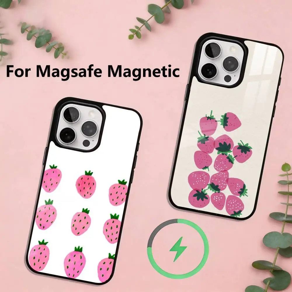 Japanese Korean Sweet Strawberry Phone Case For iPhone17,16,15,14,13,12,11 Plus,Pro Magnetic with Magsafe Wireless Charging