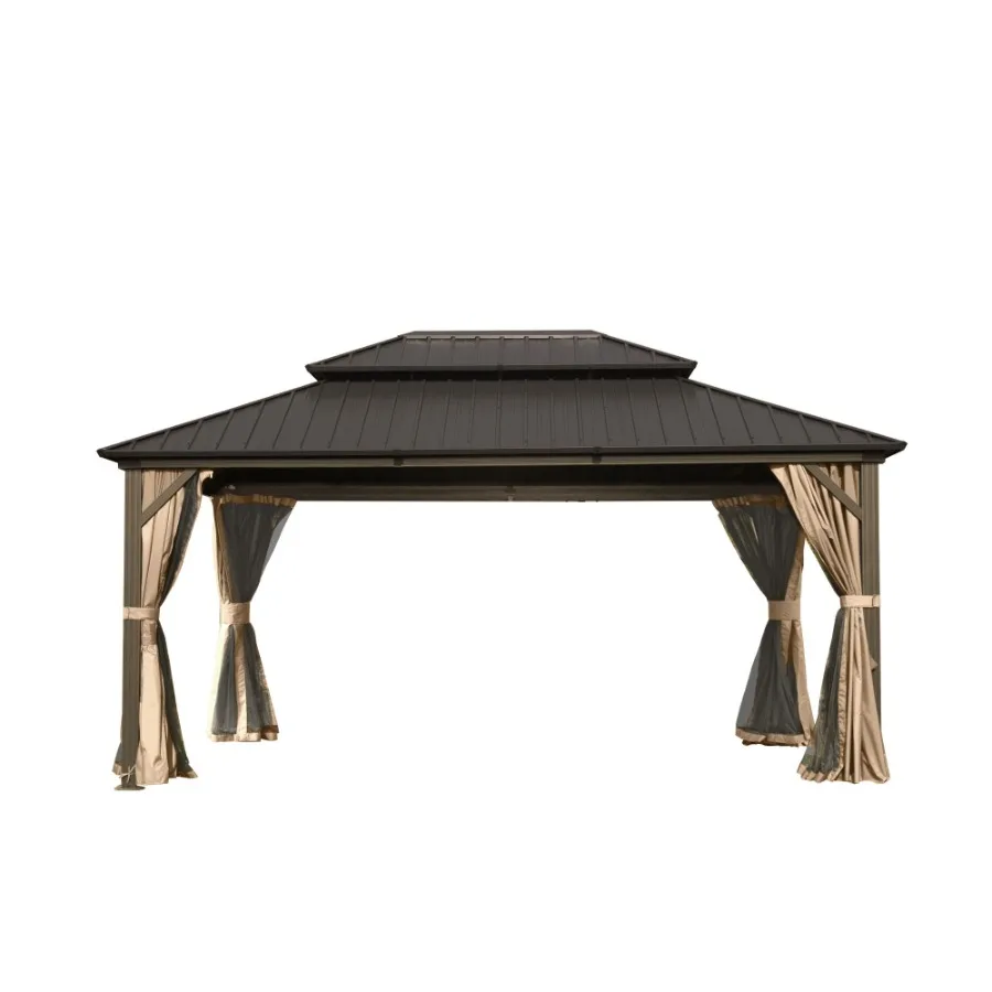 

Алюминиевый металлический павильон-беседка 10' x 14' с жесткой крышей, двойным навесом из оцинкованной стали, шторами и сеткой, перманентный павильон-беседка