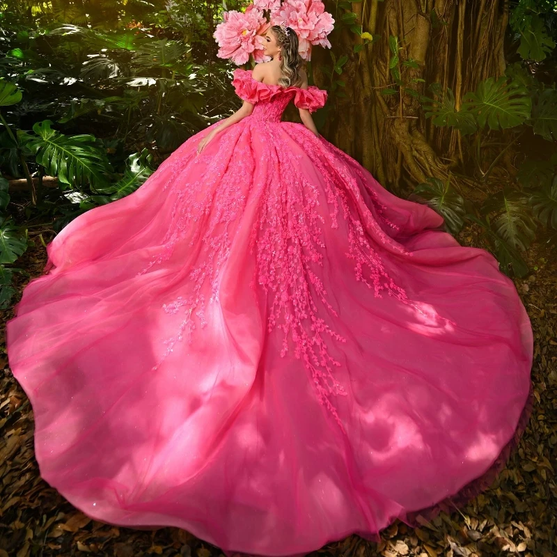 Rose Red Quinceanera Dress Off The Shoulder Applique Lace Tull Ball Gown vestidos para 15 vestido años Sequined Birthday Prom