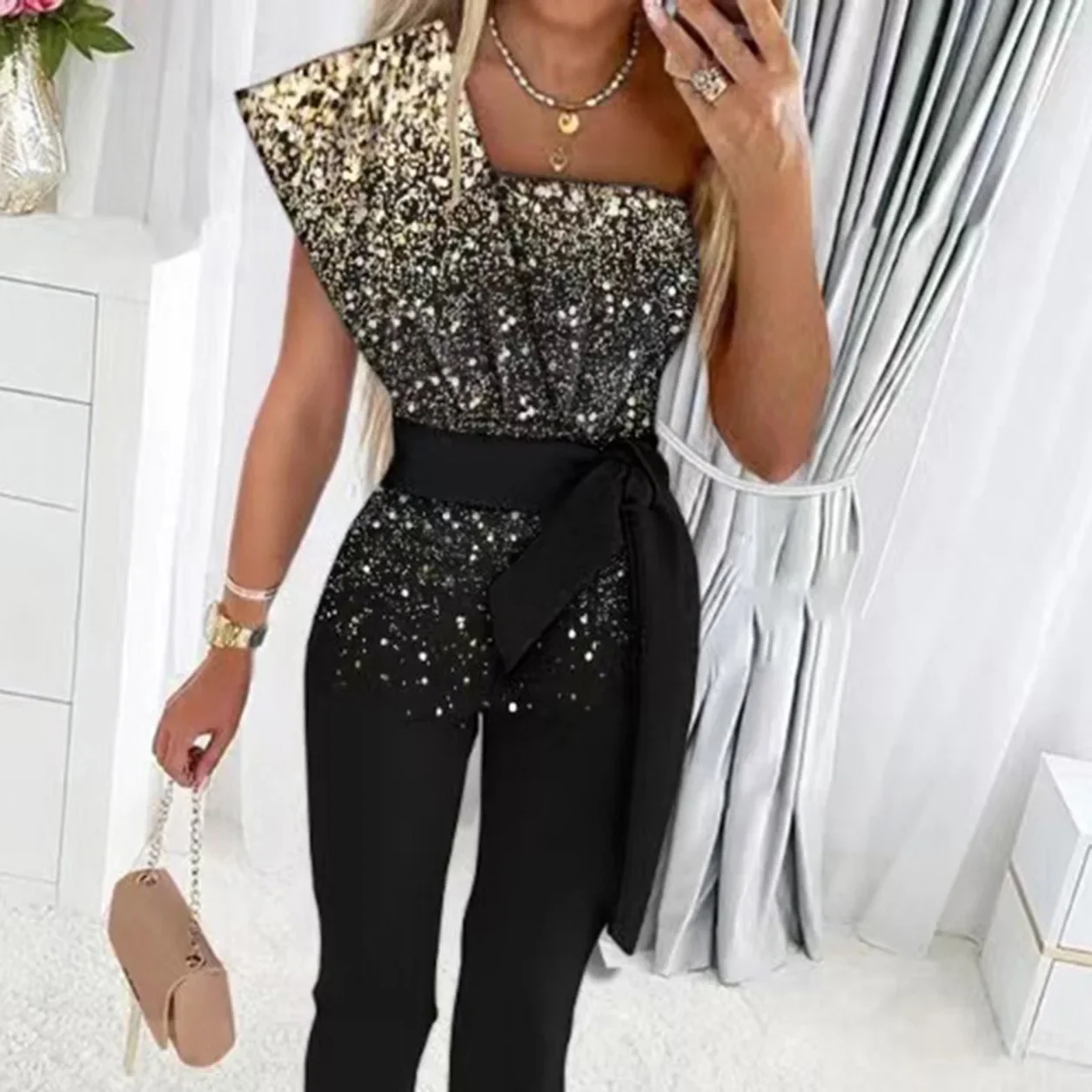 2025 New Elegant Office Women's Solid Color Bodysuit Cut-out Design Belt Decoration V-neck Fashion Sequin One-shoulder Bodysuit
