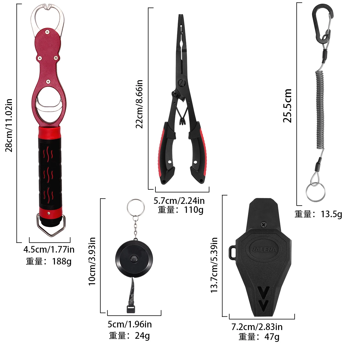 RALERA Fishing Gear Set Fishing Pliers Fish Gripper Retractable Lanyard Tape Measure Line Cutter Portable Fishing Tool Kit