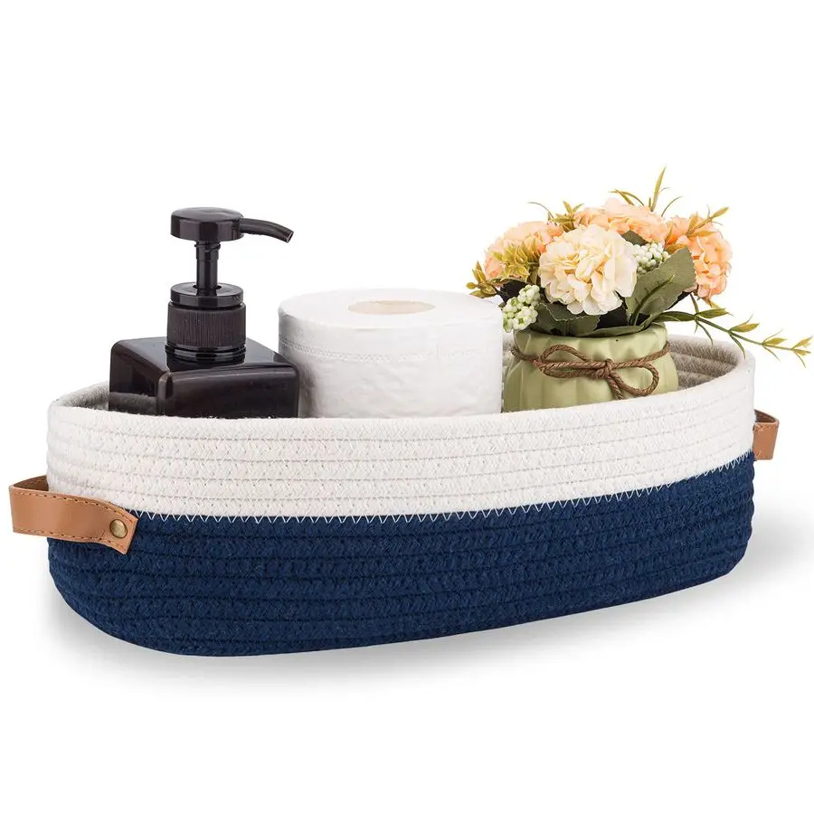 

Toilet Basket,Woven Storage Basket for Toilet Tank Top Farmhouse Home Decor Organizing Baskets 13 x5.9 x4 Navy Stitching White