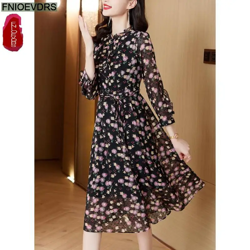 Casual Holiday Shirt Dress Women New 2024 French European Style Design Ruffles Bow Tie Floral Print Retro Long Dresses Vestidos