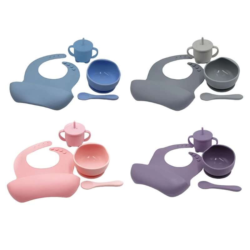 

4 Pcs Baby Silicone Bibs Sucker Bowl Spoon Straw Cup Set Training Feeding Dishes