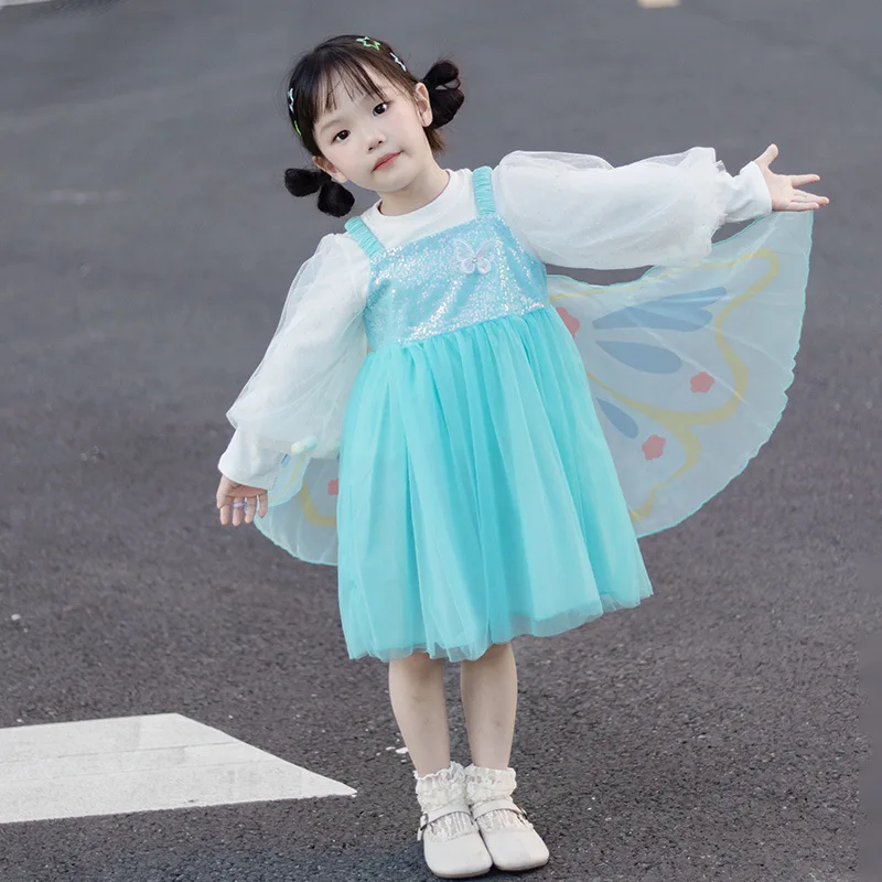 

Girls' Peacock Feather Dress Autumn Outfit2025New Girl Spring and Autumn Baby Wing Strap Dress Set