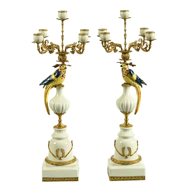 A Pair Price Old Aged Vintage Colorful Parrot Porcelain Brass Candle Holder Candle Holder for Home Decor