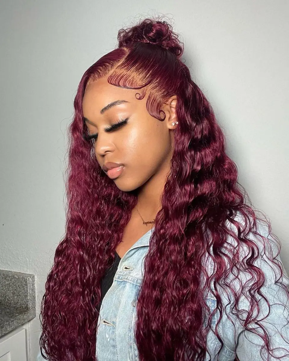 34 Inch 200% Density 99J Burgundy Wine Red 13x4 Lace Front Wigs With Natural Deep Wave, Transparent Lace And Baby Hair, Pre-Pluc image 2
