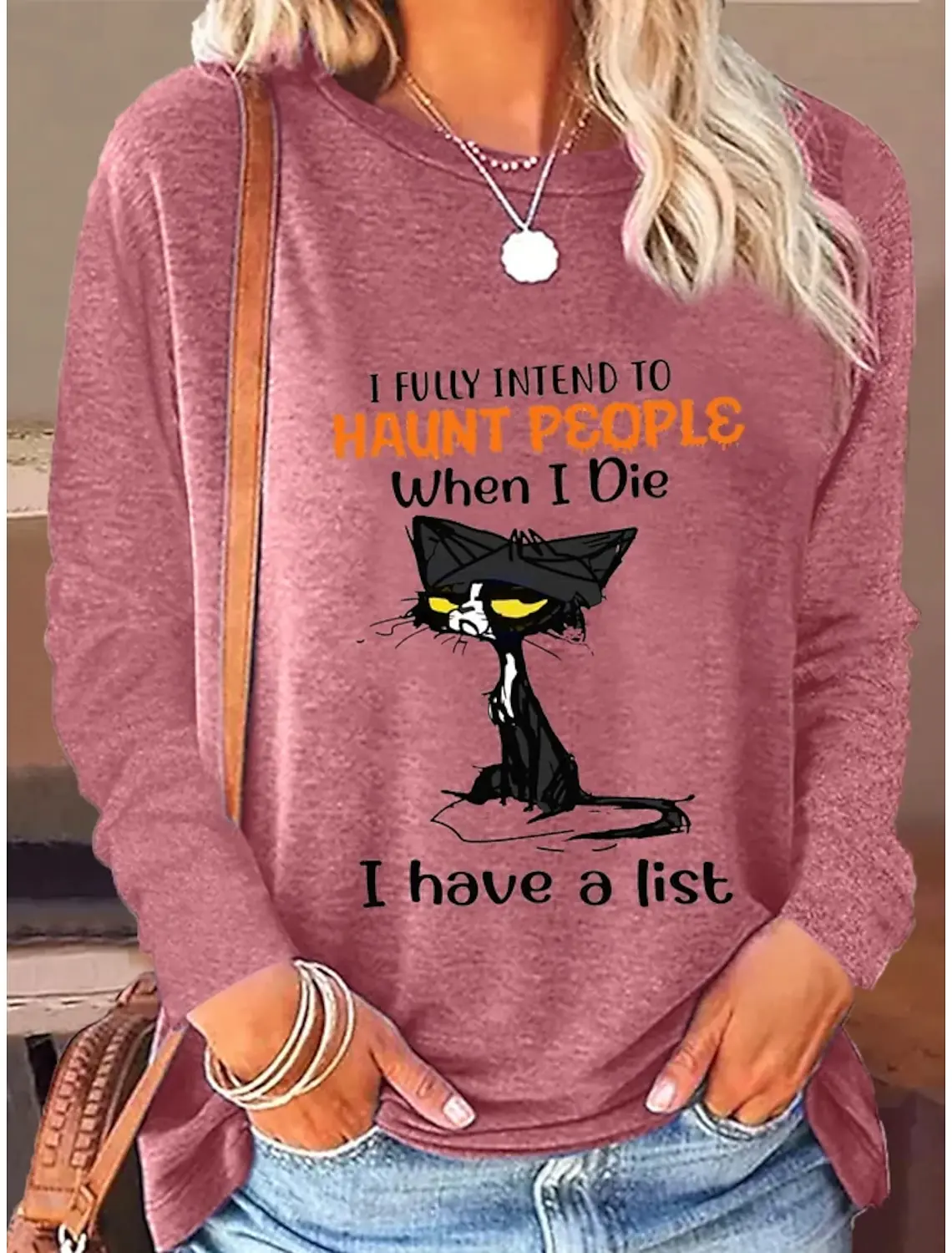 New Fashion Women's Pullover Simple Letter /Cat Graphics Casual O-Neck Long Sleeve Tee Tops Trendy Micro-Elastic Sweatshirt image 3