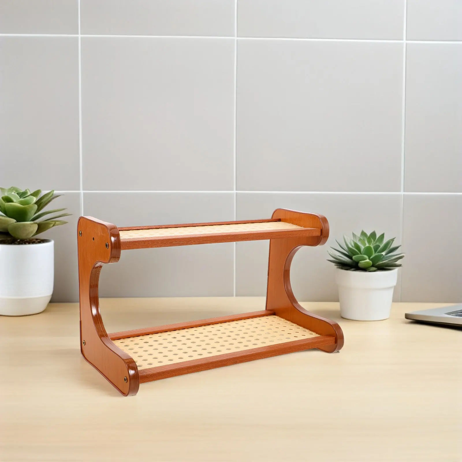 Rustic Two Tier Desktop Shelf Organizer Bamboo Mdf Construction Space Saving Vertical Storage for Office Desk Dorm Kitchen