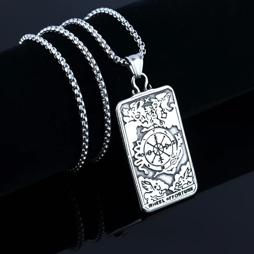 Retro Tarot Card Pendant Necklace For Men Women Silver Color Hip-hop Style Compass Pattern Neck Jewelry Stainless Steel Chain