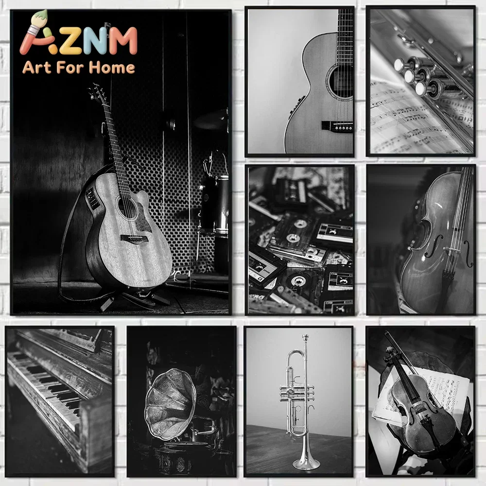 (No frame)Black and White Photo Violin Piano Trumpet Music Instrument Music Lover Canvas Painting Home Room Decoration