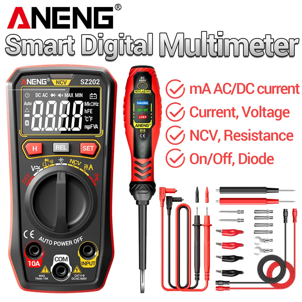 ANENG SZ202 Digital Multimeter 4000 Counts With B18 Non‑Contact Voltage Screwdriver Pen AC 450V Live Neutral Detector Repair Kit
