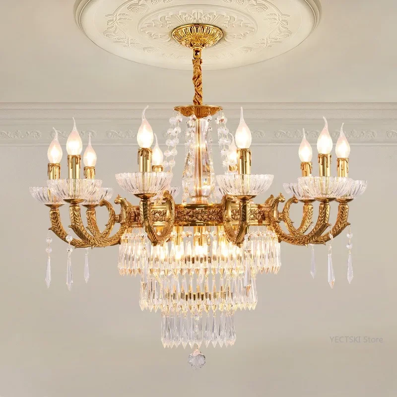 

GHJUYIOL French style all copper crystal chandelier villa living room dining room European luxury hotel lobby duplex creative li