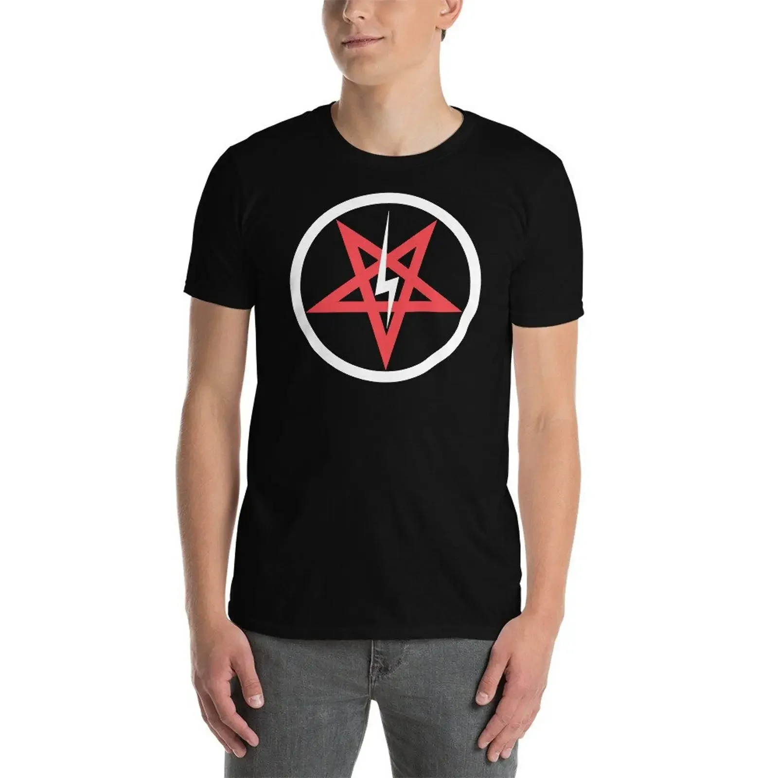 Satanic Church Sigil Bolt Inverted Pentagram Men amp 39 s  T Shirt vintage Washed fashion Comfortable streetwear homme