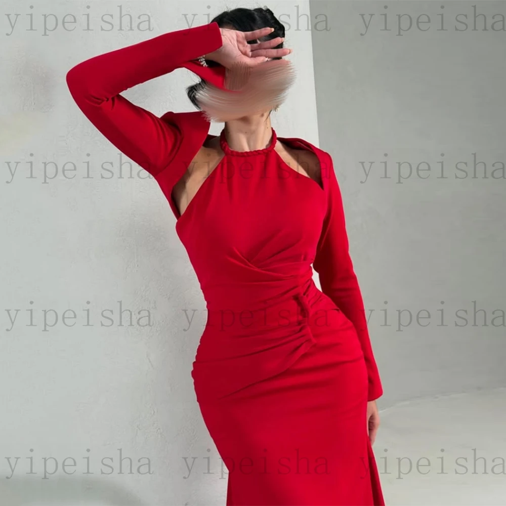 Personalizado halter pescoço vestidos de noite simples até o chão plissado sereia vestido de baile com jaqueta de manga cheia mdoern vestido longo