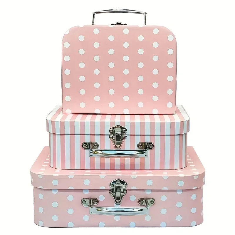 مجموعة صناديق هدايا مكونة من 3 قطع من الورق المقوى على الطراز العتيق - تصميم منقط وشريط، صندوق سفر لحفلات الزفاف الريفية، صندوق إكسسوار هدايا للحفلات #5