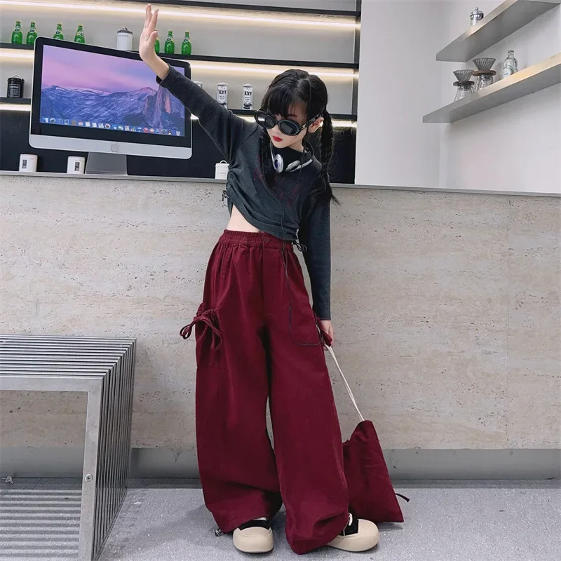 Girls Pants 2024 Autumn New Childrens Clothing Foreign Style American Style Cargo Wide-leg Pants Casual Simple and Daily image 5