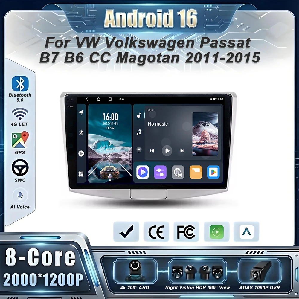 Android 16 Car Radio Carplay For VW Volkswagen Passat B7 B6 CC Magotan 2011-2015 Stereo Head Unit Multimedia Player No 2din DVD
