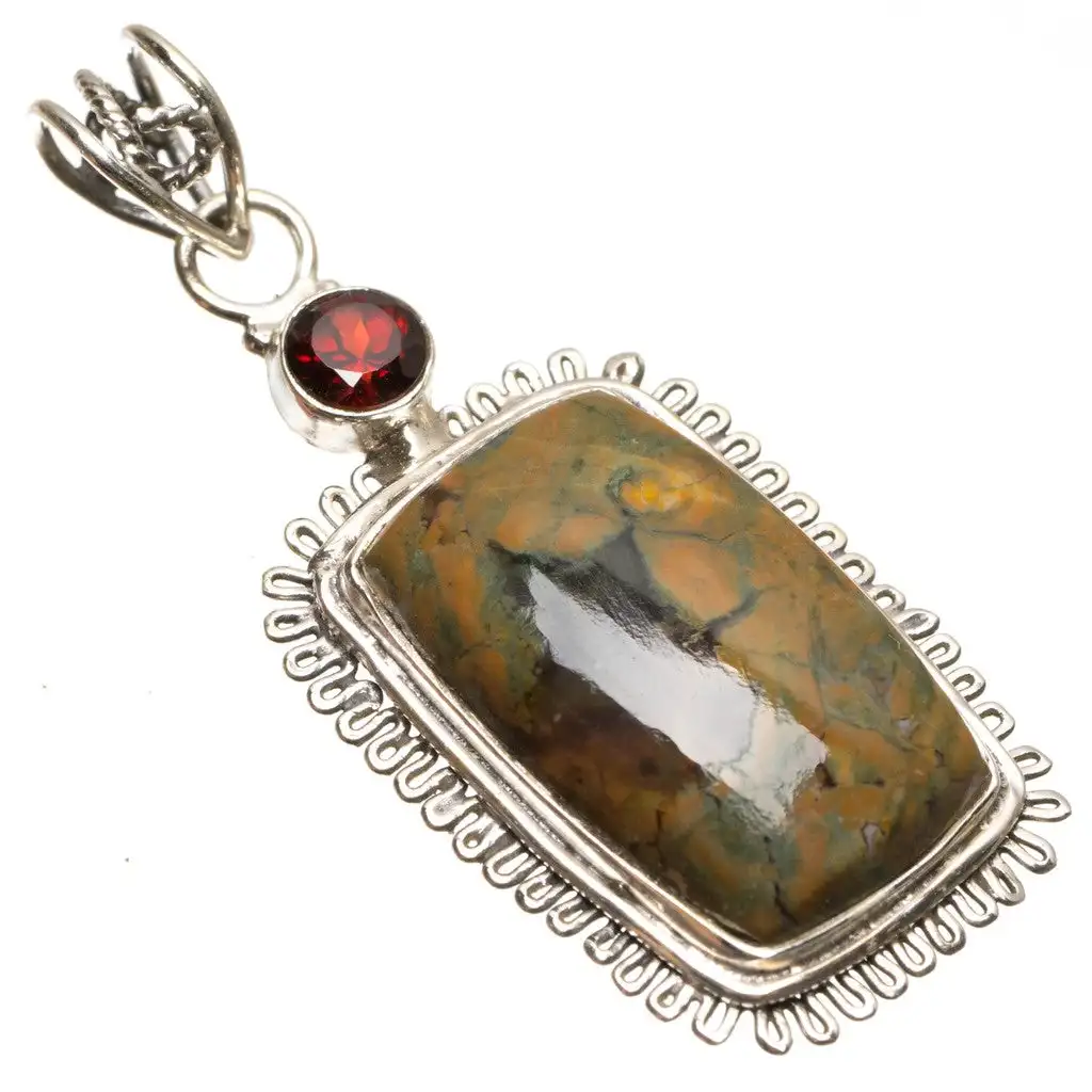 

StarGems Ocean Jasper and Garnet Boho Style 925 Sterling Silver Pendant 2" S0344