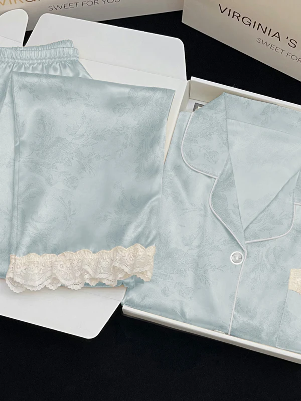 

Ice Silk Sleepwear Set for Women with Lace Trim Short Sleeve Long Pants Home Clothes Spring Summer Autumn New Arrival