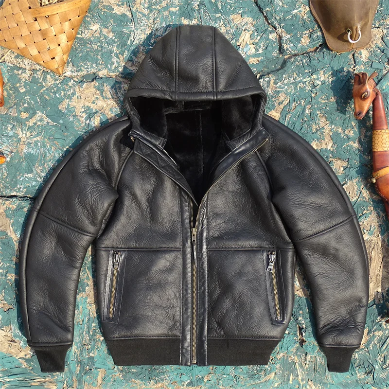 

Мужская куртка из натуральной кожи с капюшоном и встроенным мехом из овчины, зимняя, теплая, удобная, модная, городская, в спортивном стиле