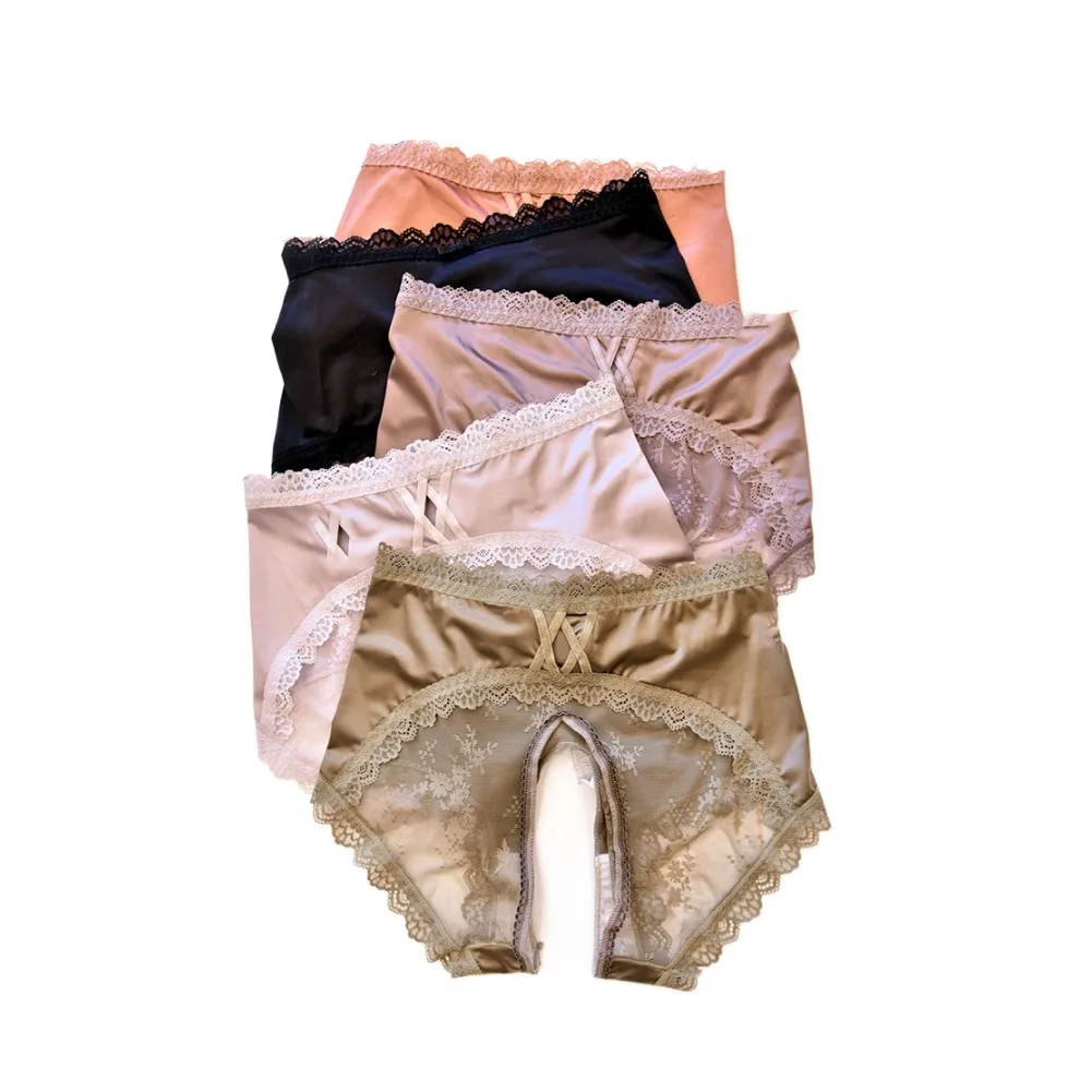 New Womens Sexy Lace Crotchless Panties Underwear Ice Silk Briefs Satin Knickers Satin Silk Slip Open Crotch Women's Undepants