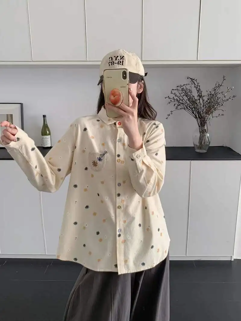 New 2025 Winter Cotton Long Sleeve Brushed Shirt, Women Lapel Knit Pocket Patchwork, Mori Girl OL Commute Loose Blouse T5D422CC