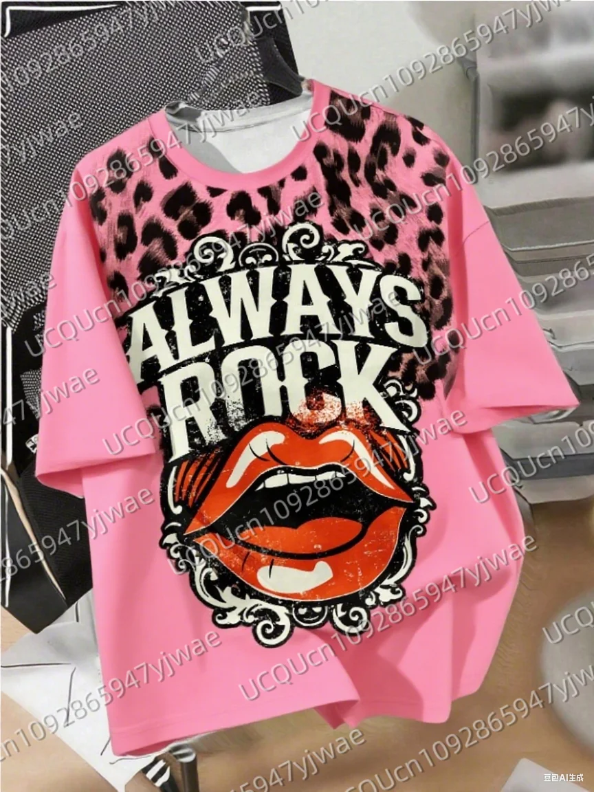 

Summer Fashionable Leopard Print Always Rock Lip Women's Basic T-Shirt Short Sleeve Men's T-shirt Tops Tee