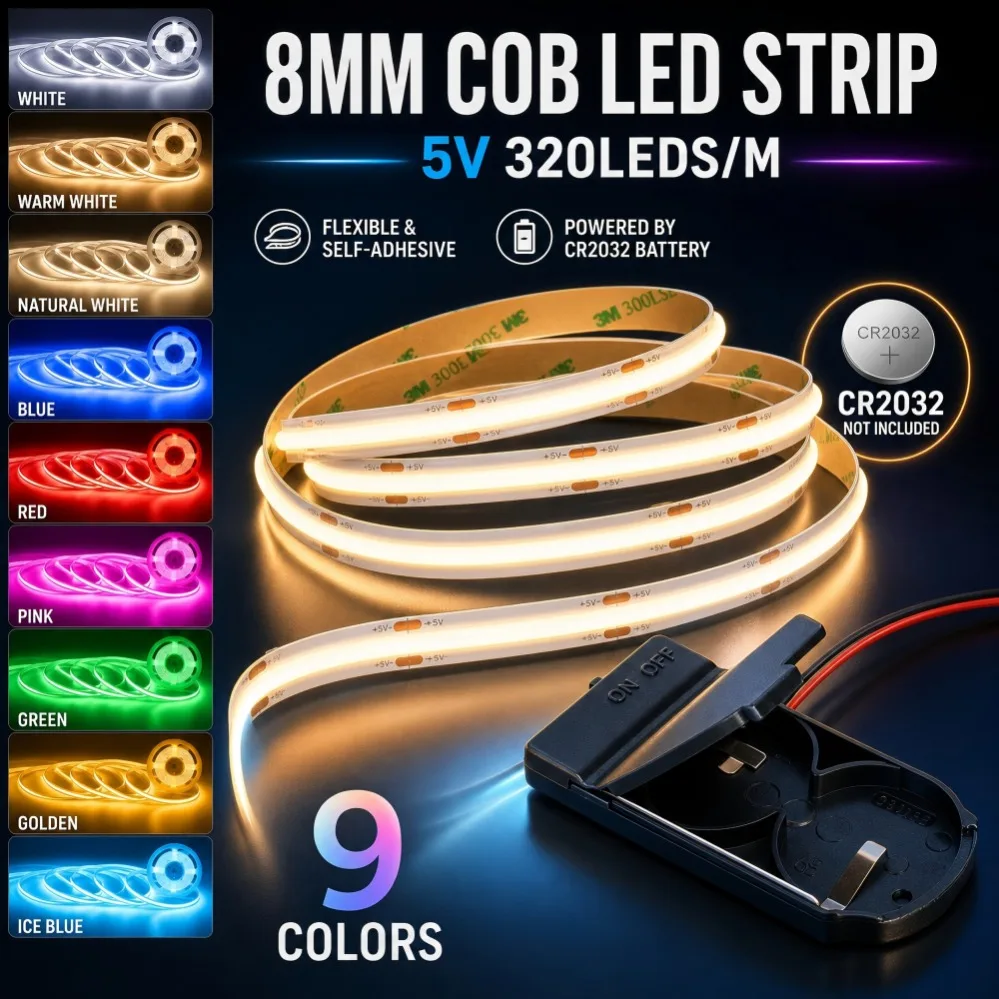 Button Battery Powered 5V 8MM PCB COB LED Light Strip320LED/M RedGreenBluePink Flex Adhesive HomeDecoration0.5M1M2M3MCutting30mm