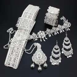 Neovisson Luxuriant Jewelry Sets Silver Color Women Hairchain Earring Bangle Necklace Caftan Belt Algeria Ladies Favorite Gift