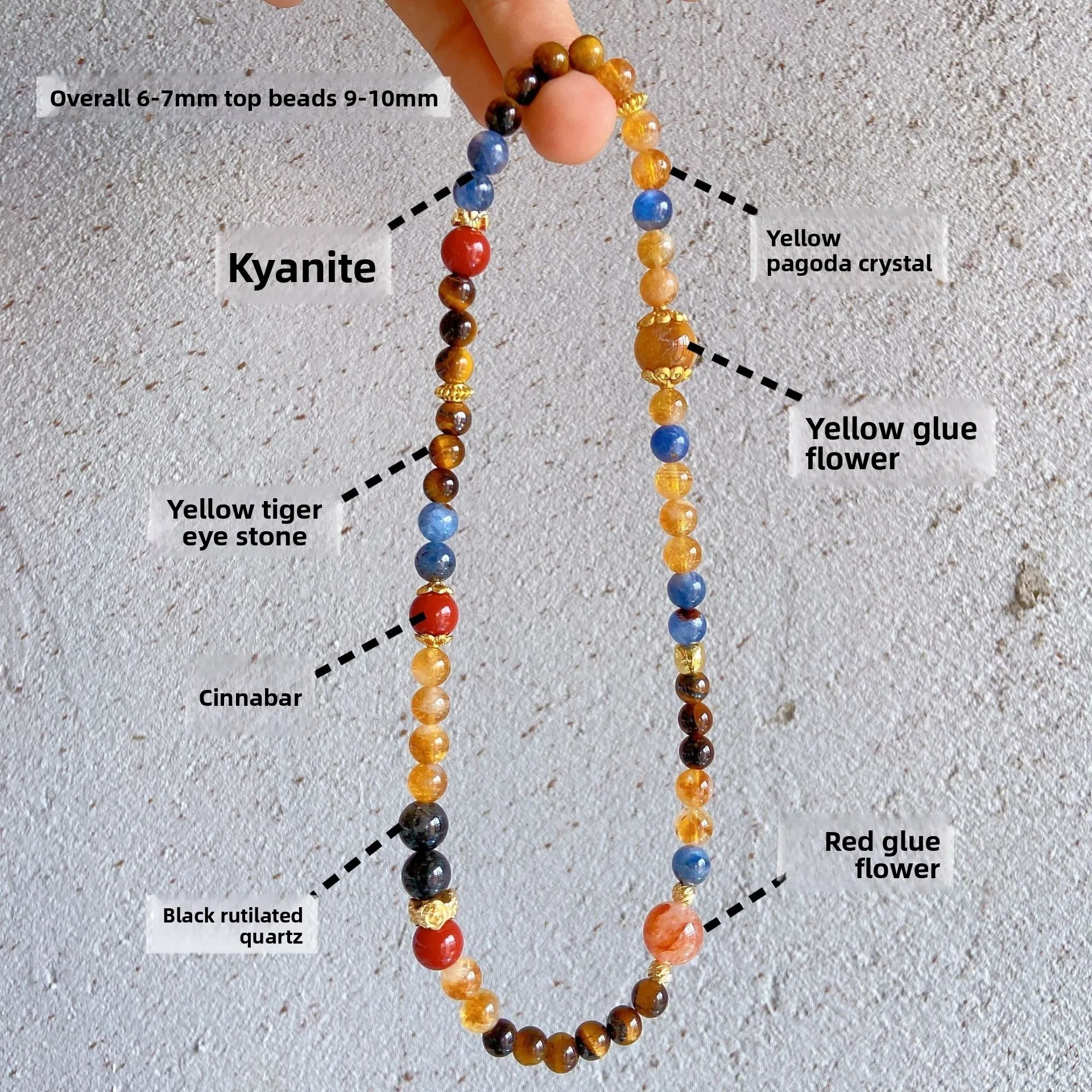 Chinese Style Good Luck Fortune Blessing Natural Blue Kyanite Tiger Eye Cinnabar Black Rutilated Quartz Citrine Double Layer Bea