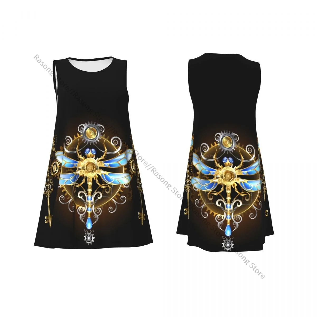 Vestido de mujer con llaves de engranajes dorados y vestido largo sin mangas con cuello redondo y libélula mecánica