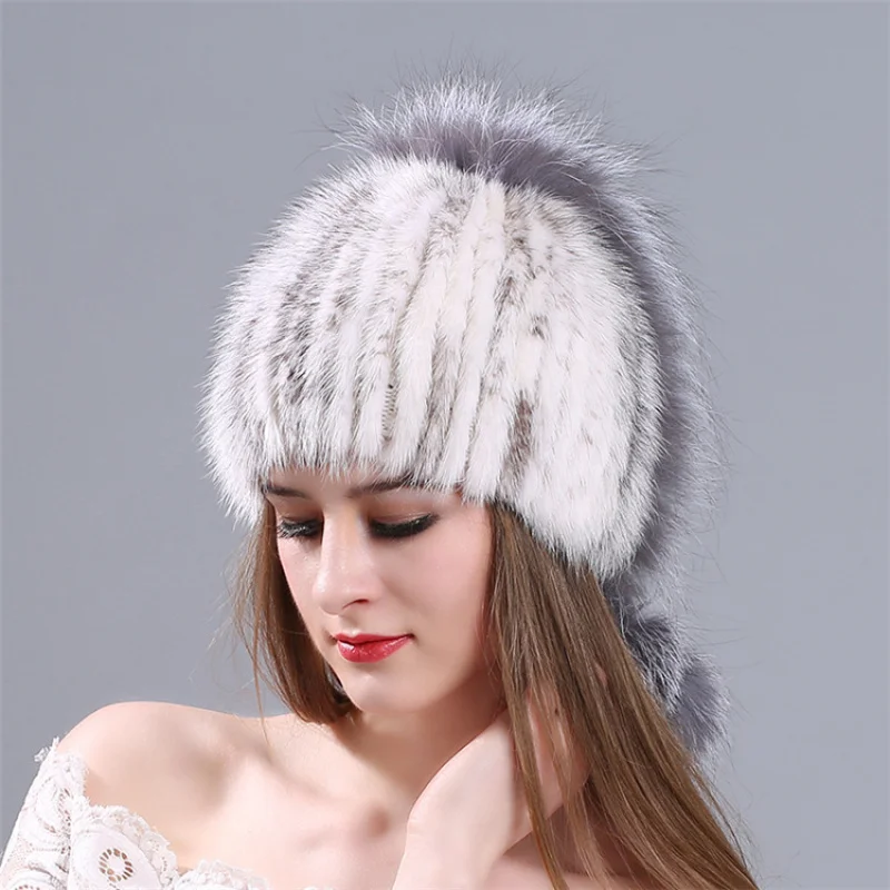 

Mink Fur Beanie Hat Autumn Winter Hot Sale Russia Winter Real Fur Hat Natural Warm Soft Warm Knitted Cap Fur Hats Plush Ski Caps