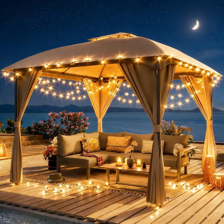10'x10' Patio Arc Gazebo with 50Feet String Lights, Outdoor Canopy Tent with Curved Roof Design, Double Tier Top, Privacy Curta