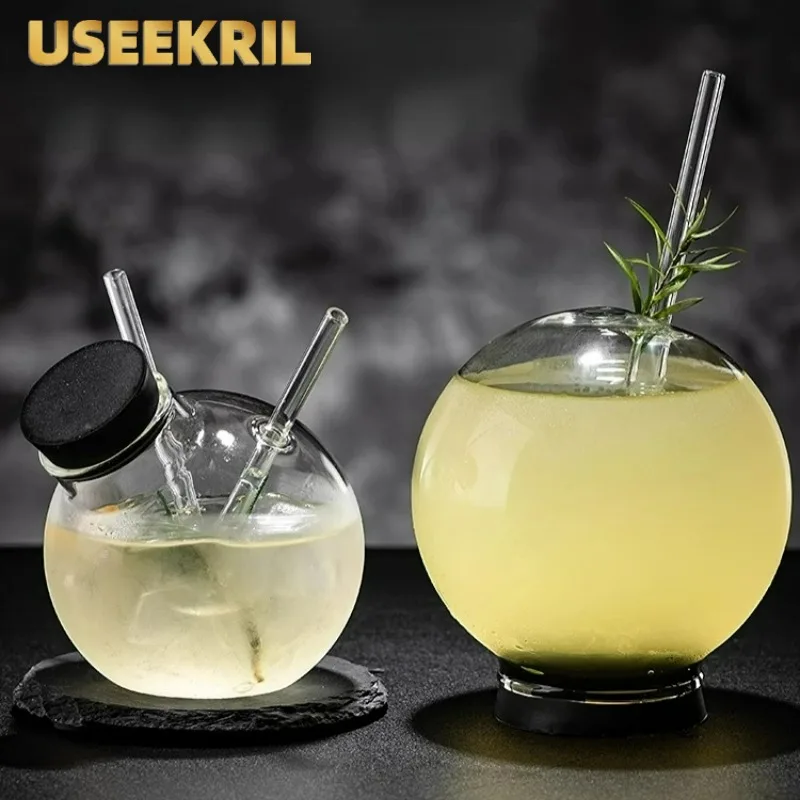 Globusförmiger Glasbecher, einzigartiges kreatives Glas, molekulare Mixologie-Cocktailgläser, doppelter Strohhalmbecher, Getränke-Saftbecher