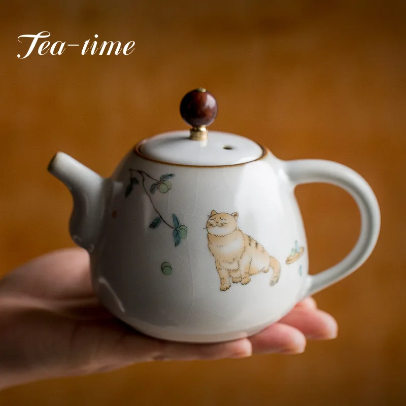 

280ml Traditional Ru Kiln Ceramic Teapots Handmade Cute Cat Pattern Kettle Travel Portable Filter Tea Pot Home Tea Set Drinkware