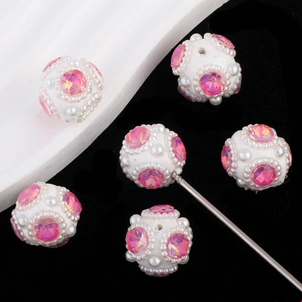 

Lovely Pink Crystal Rhinestones Paved White Pearl Jewelry Gumball Beads Fit Girl Necklace Bracelet Earring Pen Making 20pcs 18mm