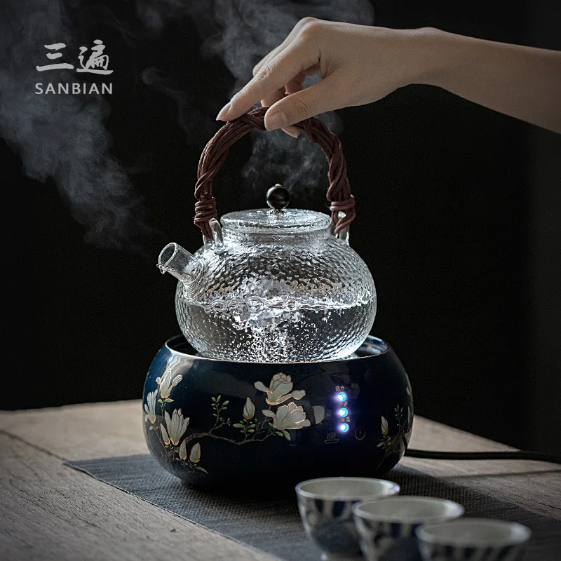 ★★Hammered Pattern Heat-Resistant Glass Teapot Electric Ceramic Water Boiling Kettle Natural Rattan Glass Loop-Handled Teapot Ku