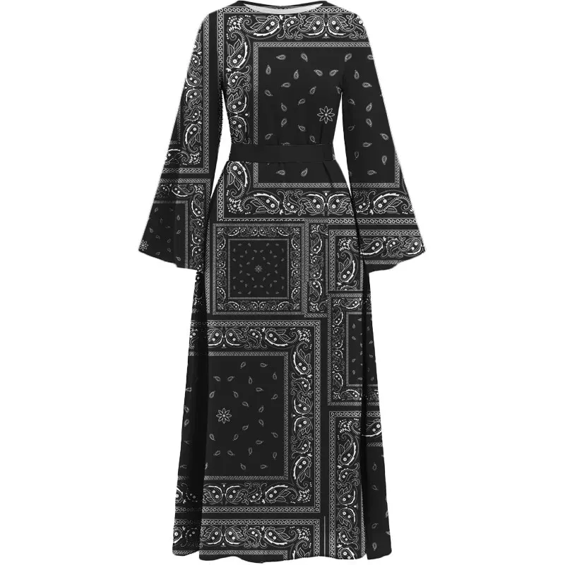 Novo vestido estampado da moda de Dubai, vestido de manga comprida, vestido de manga comprida, marroquino, árabe islâmico, elegante, casual, roupas de Jarabiya