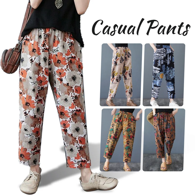 Women Summer Floral Printed Trousers Loose Vintage Imitation Cotton Linen Cropped Harem Pants Lady Streetwear Pants All-match