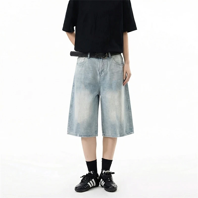 Y2K Men's Denim Shorts Colorful Letter Printting Light Wash Baggy Fit Knee Length Casual Streetwear Pants Summer