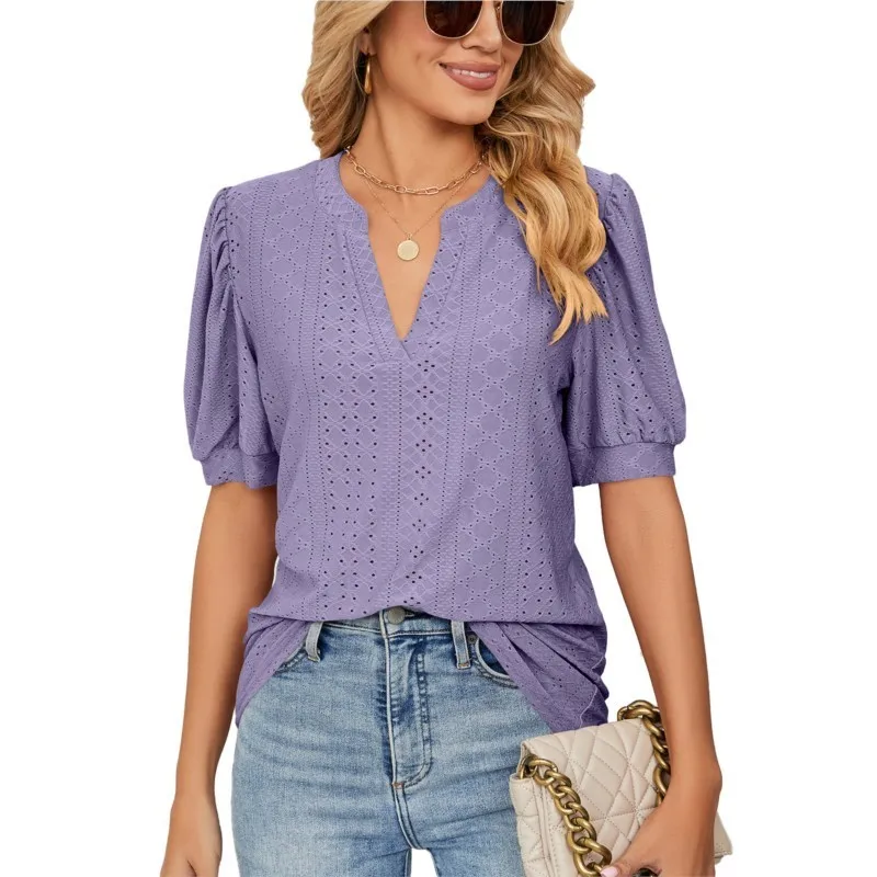 Fashion New T Shirts For Women Vintage Short Sleeve And V-neck Solid Color Tees Casual Elegant Female\'s Pullover Top 2024 Summer