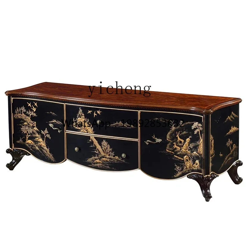 

BB floor-to-ceiling cabinet furniture European black gold painted French solid wood carving flower TV cabinet