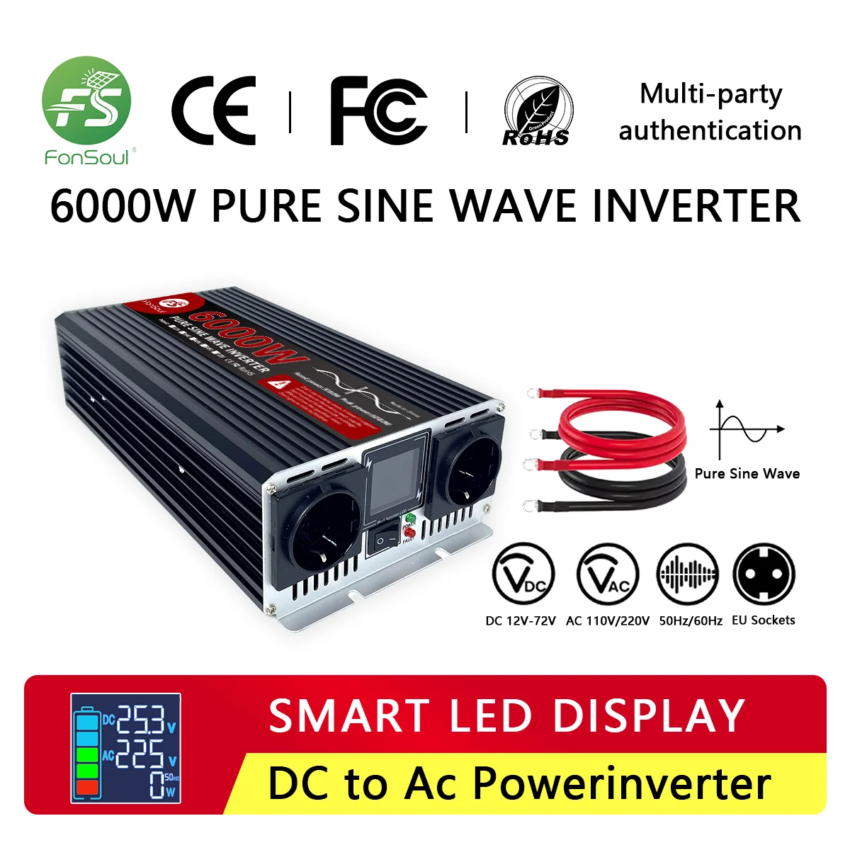 Fonsoul 6KW 12V 24V 48V 60V 72V to 110V 220V Pure Sine Wave Inverter 2 Universal Outlet Solar Automobile RV Home Appliance