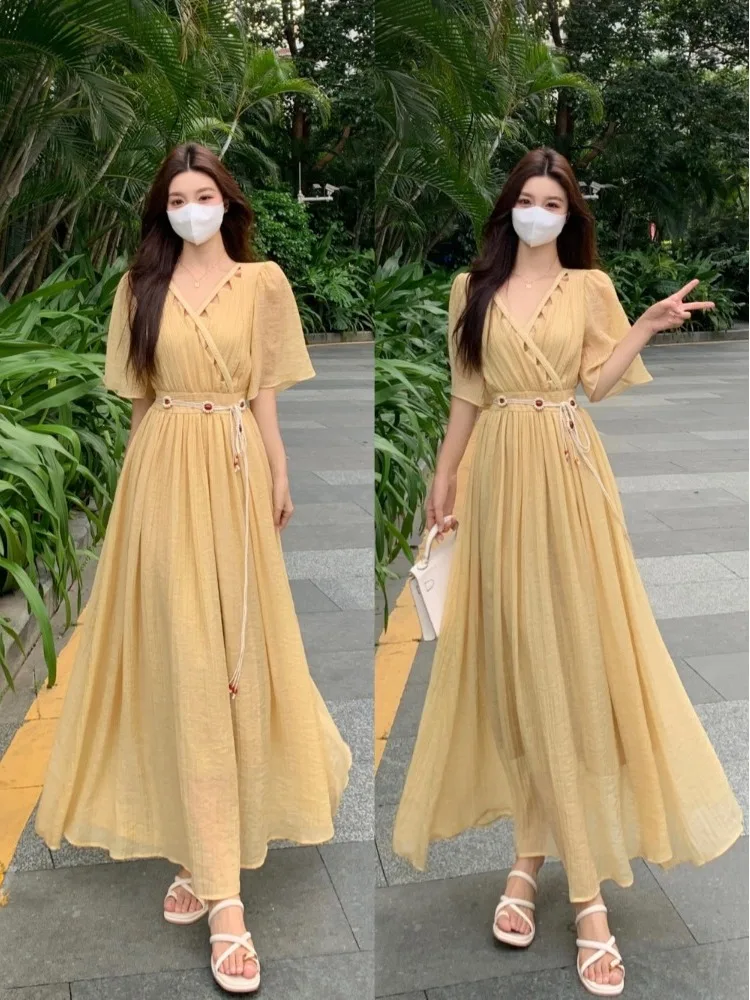 

plus Size V-Neck Bubble Sleeve Dress Summer Meat Conceal Slimming Holiday Style Mid-Length Skirt for Plump Women