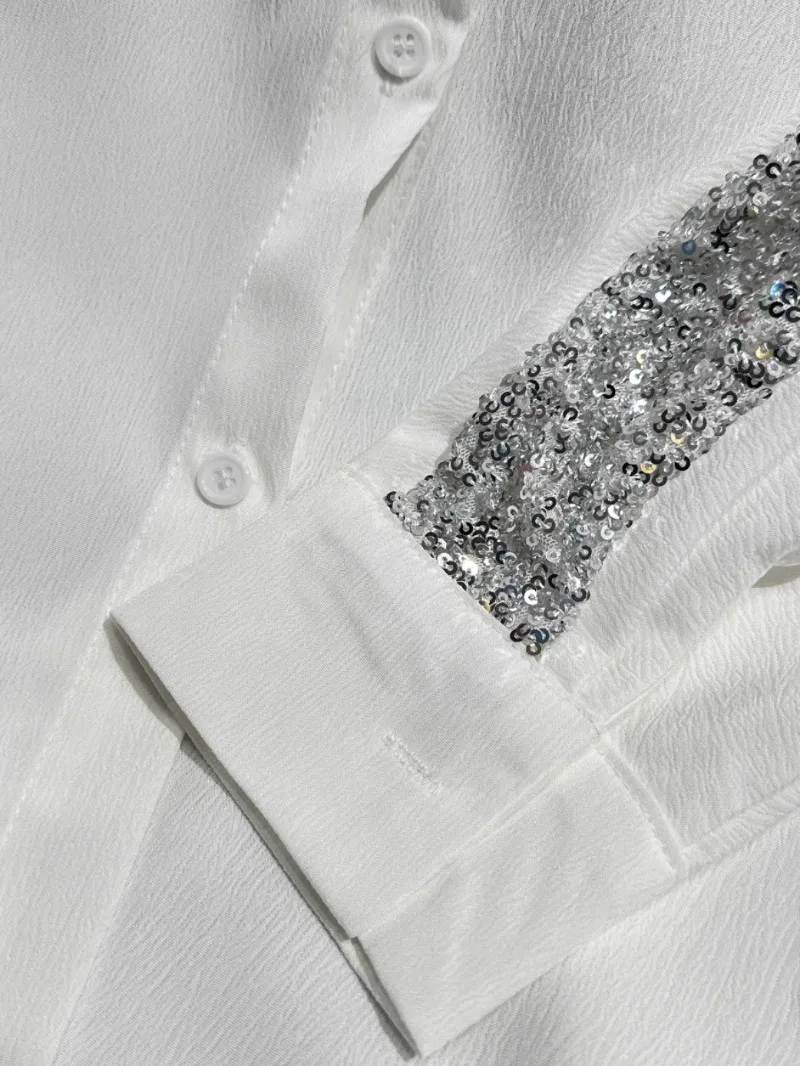 2025 Summer New Niche Design Heavy Industry White Sequin Splicing Casual Sunscreen Shirt Top Shirt For Women