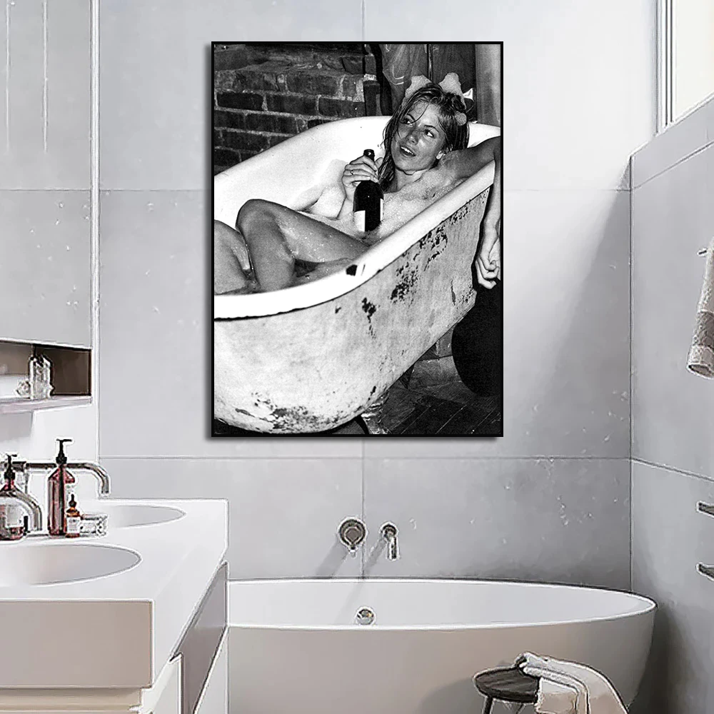 Woman Drinking Wine in Bathtub Canvas Painting Print Black and White Vintage Photo Girls Bathroom Poster Bar Wall Toilet Decor