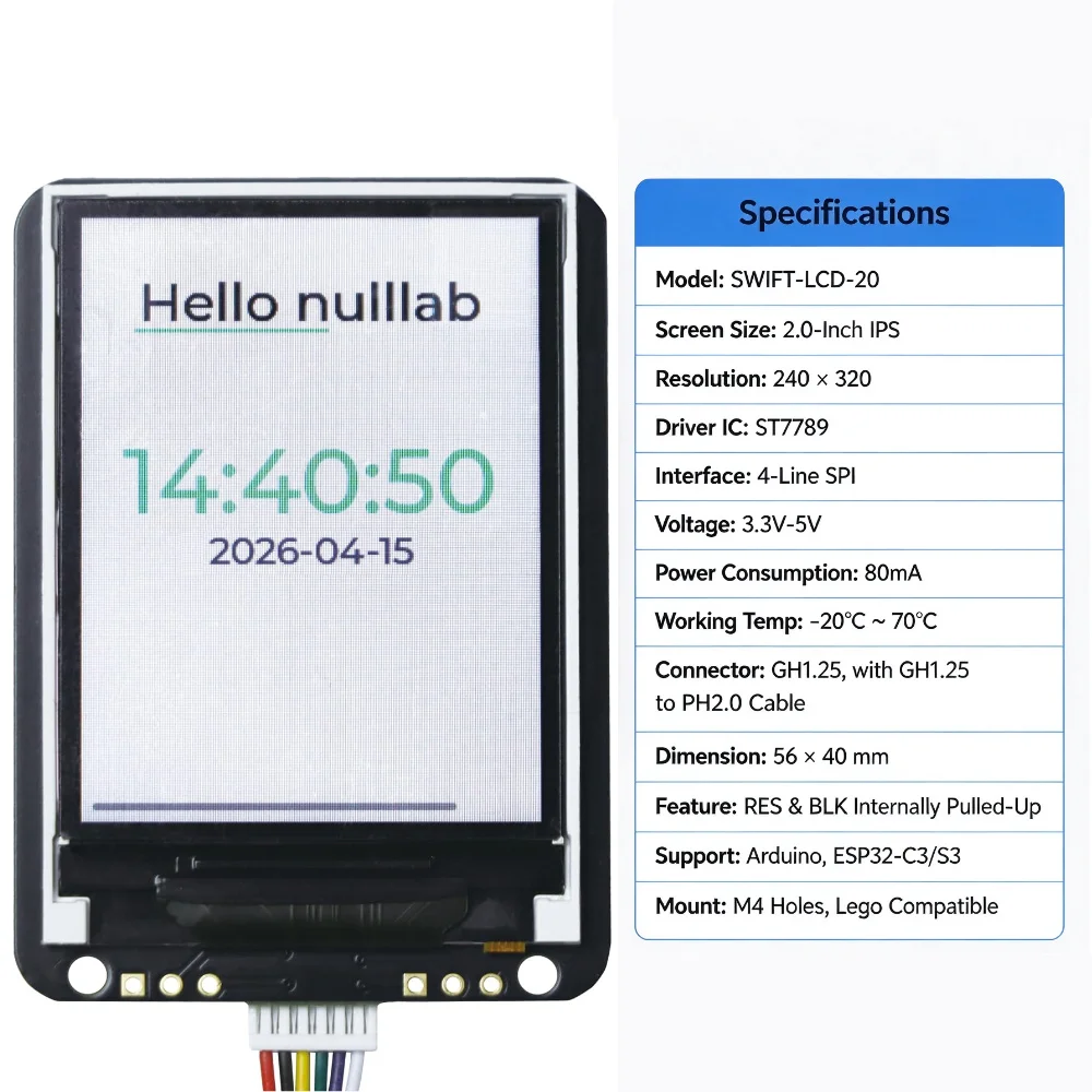SWIFT‑LCD‑20 2.0 Inch IPS TFT Display Module ST7789 SPI 240×320 3.3‑5V GH1.25‑PH2.0 Cable For Arduino ESP32‑C3 LVGL GUI DIY