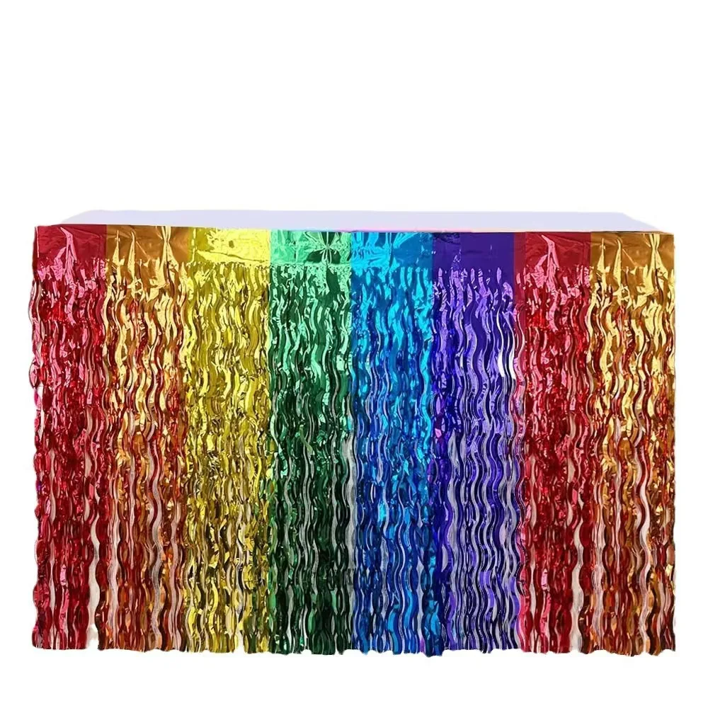 10pcs New Rainbow Color Scimitar Table Skirt Metal Wave Rain Silk Curtain Birthday Wedding Christmas Party Decoration