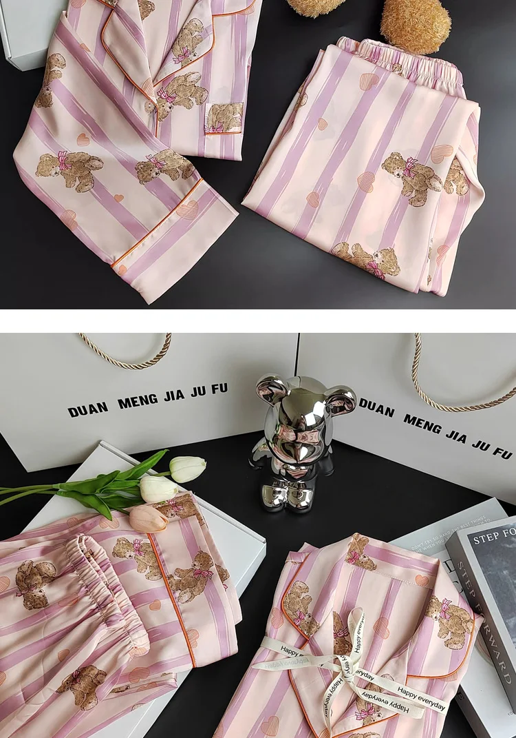 Herbst und Winter Damen Pyjamas Cartoon Rosa Gestreift Bär Pyjamas Strickjacken Lange Ärmel Hosen Loungewear Zweiteiliges Set – Detail 9